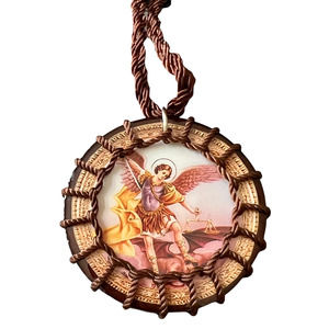 Saint Michael Scapular Necklace Wood Pendant Knotted Rope Brown NEW